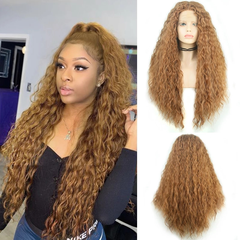 Long Loose Wave Lace Front Simulation Human Hair Synthetic Wigs Pre Plucked Brown Color Curly Wig With Baby Hair For Black Women