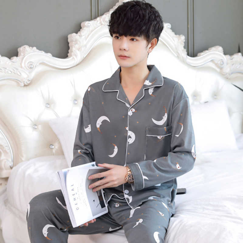 Autumn Winter Men's Cotton Pajamas Letter Striped Sleepwear Cartoon Pajama Sets Casual Sleep&Lounge Pyjamas Plus Size 3XL Pijama 211019