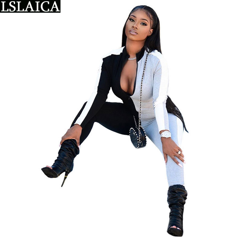 Body Suit Fashion Zipper Skinny V Neck Outfit Women Black and White Color Matching Casual Rompers Womens Jumpsuit 210515