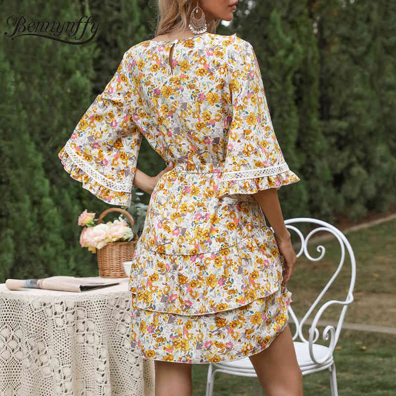 V-neck Ruffle Trim Layered Dresses Summer Women Half Sleeve High Waist Elegant Floral Print Short Dress with Belt 210510