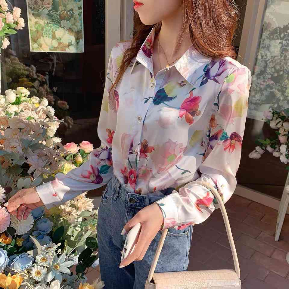 casual flower printed satin chiffon blouse women turn down collar long sleeve spring summer shirts lady tops plus size 210421