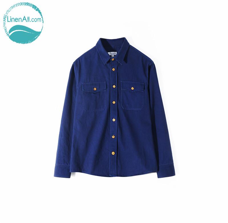 LinenAll Men's Blue Dye IndigoHood Plant Thick Bandana Fruit Buckle Shirt Coat Male" Casual Shirts