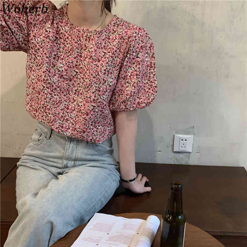 Women Blouse Vintage O Neck Floral Lantern Puff Sleeve Shirt Female Summer Blusas Loose Temperament Korean Chic Tops 210519
