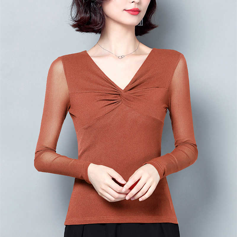 Korean Women Blouses Woman Elastic Mesh Blouse Tops V-neck Basic Plus Size Autumn Ladies Solid Long Sleeve 210531