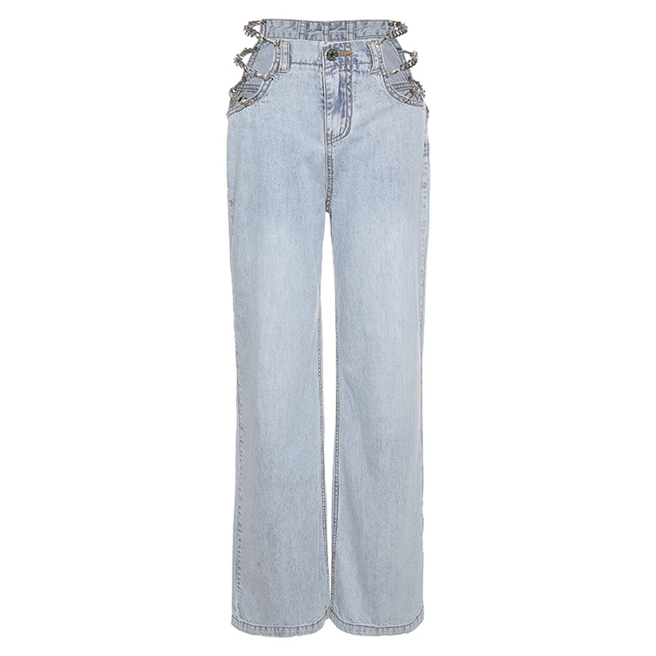 Free Chic Cutout Jeans Fashion Waist Chain Straight Casual Women's Summer Loose High Long 210524