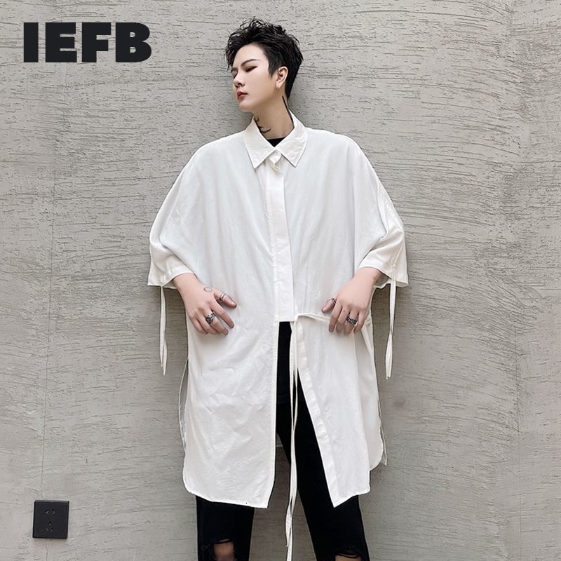 IEFB Summer Trend Three Quarter Sleeve White Shirt Men's Loose Personality Casual Oversized Shirts Streetwear Rope Tops 210524