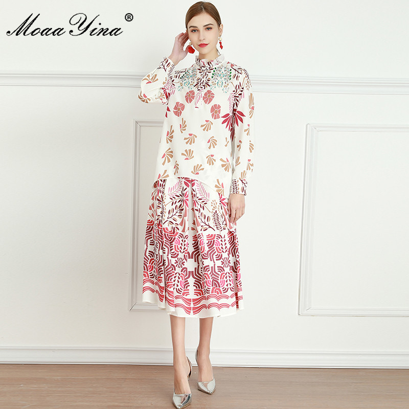 Fashion Set Spring Women's Crystal Diamond Long sleeve Blouses Tops+Belt Skirt Floral-Print Two-piece set 210524