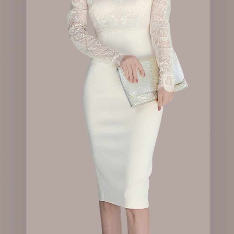 Elegant Patchwork Lace Women's Dresses V Neck Long Sleeve High Waist White Female Fashion Clothing 210520