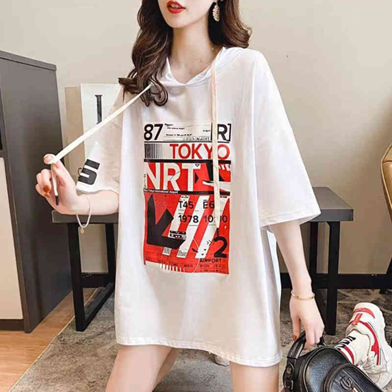 Summer Korea Fashion Women Short Sleeve Loose Long Print Tshirt Cotton Casual Hooded Tee Shirt Femme Tops Plus Size M02 210512
