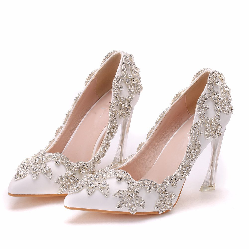 Sparkly Crystals Beaded White Leather Wedding Shoes For Bride Pointed Toe 9CM High Heels Bridal Prom Evening Pumps Stylish Elegant Women Accessories