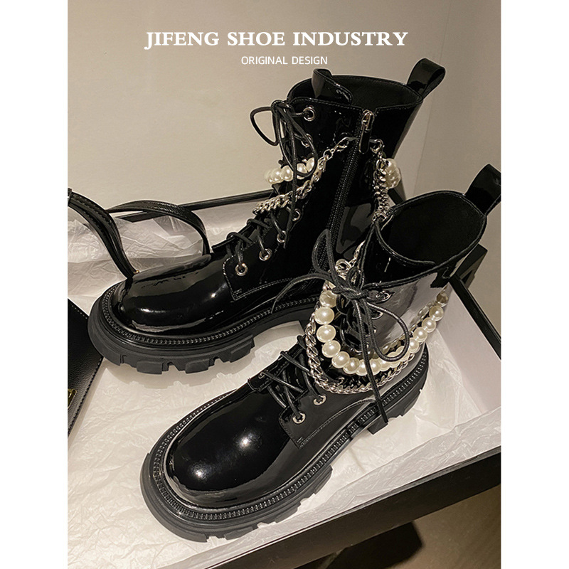 Women's Martin Boots with Pearl Chain Thick-soled Fashion Black Short Boots Zipper Leather Shoes