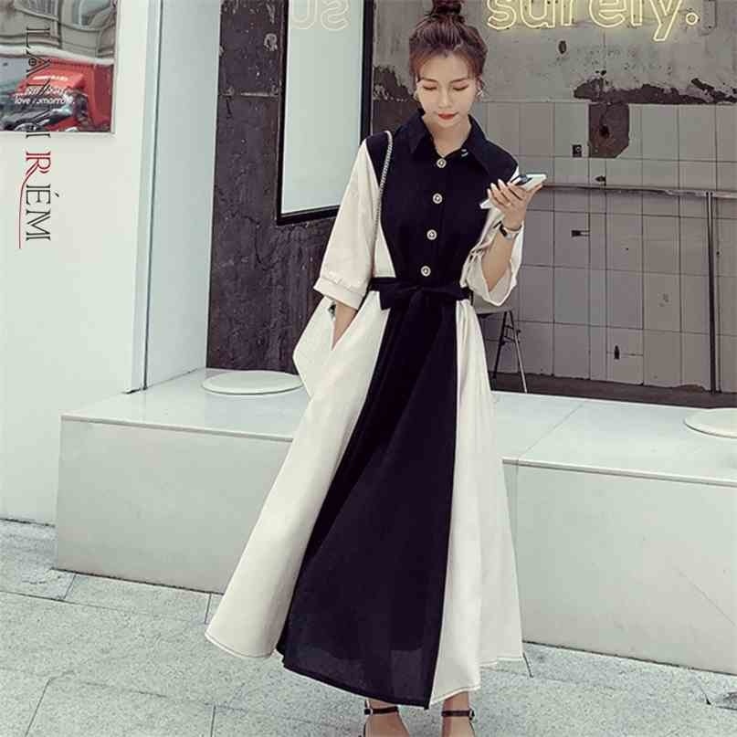Stitching Color Long Dress For Women Summer Lapel Large Size Dresses With Belt Female Korean Fashion 2D1675 210526, Black
Stitching Color Long Dress For Women Summer Lapel Large Size Dresses With Belt Female Korean Fashion 2D1675 210526, Black