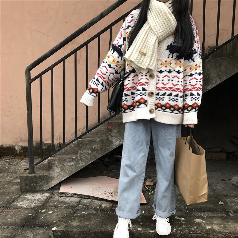 Kawaii Sweet Autumn Sweater Female Cardigan Loose Knit Coat Cute Cartoon Print V Neck Jumper Jacket Damski 210422