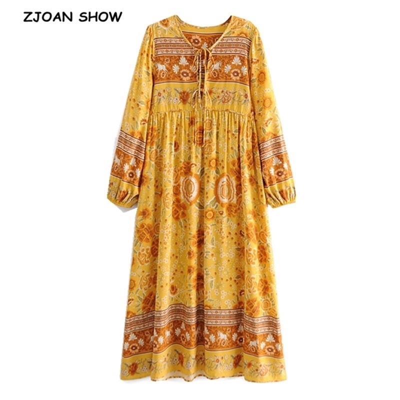 Bohemia Bandage Lacing up Collar Contrast color Flower Print Dress Ethnic Woman Long Sleeve Maxi Holiday Dresses Beach Gold 210429