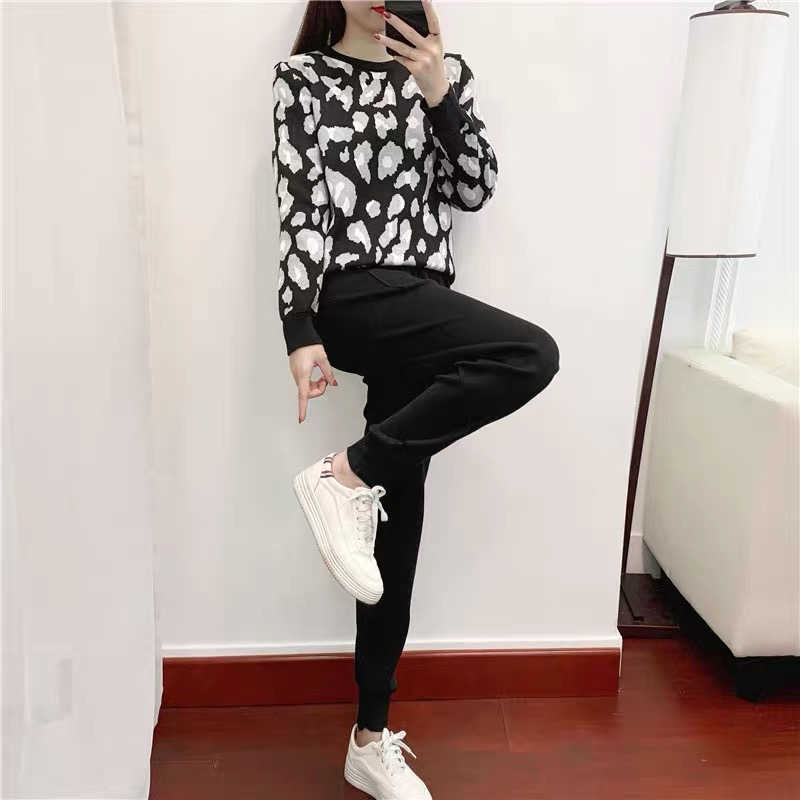fashion Autumn Winter Women Suits Leopard Knitted O-Collor Pullover Sweater and Pants Two Piece Set TZ49 T200817