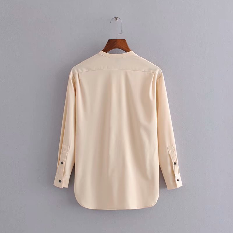 Vintage Elegant Women Khaki Twill Blouse Stylish Chic Ladies Button Stand Collar Shirts Casual Green Blusas Mujer 210520
