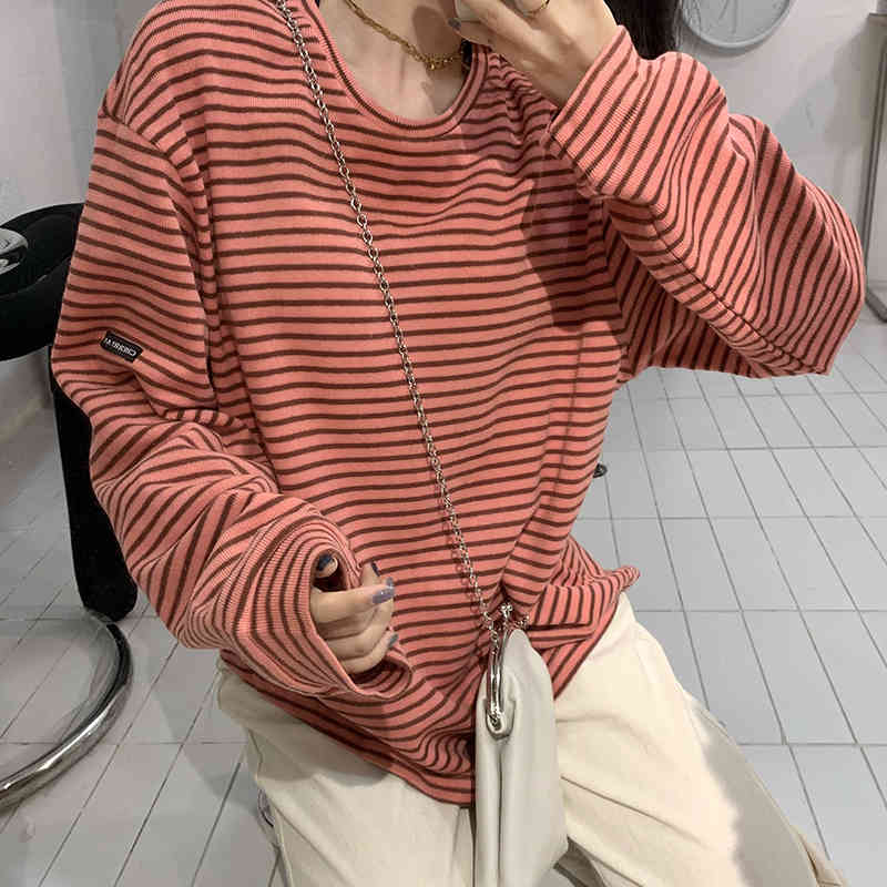 2 colors autumn winter korean style Women Sweatshirts Long Sleeve letter stripe thick Sweatshirt Womens pullovers (C2936) 210423