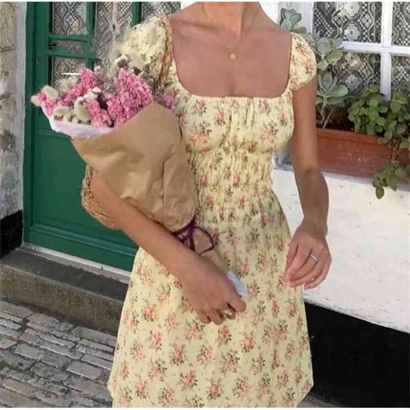 France Style Yellow Floral Print Elastic Waist Women Dresses Vintage Fashion Cap Sleeve Short 210429