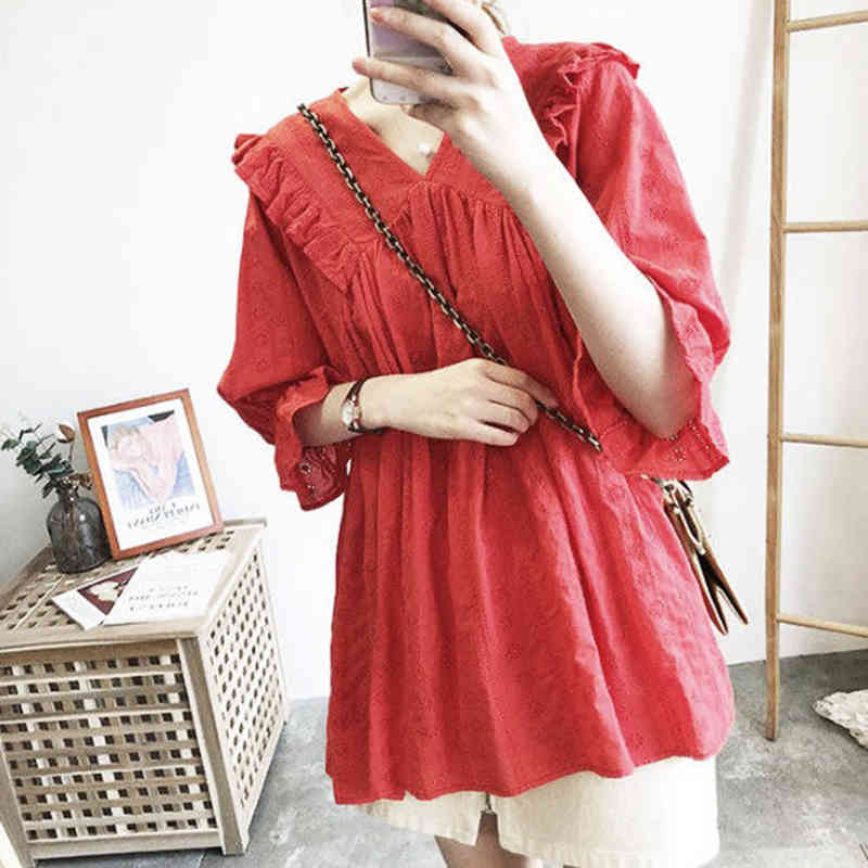 Arrival Preppy Style Women Loose V-neck Shirt Embroidery Hollow Out Blouses all-matched Casual Ladies Tops Plus Size D402 210512