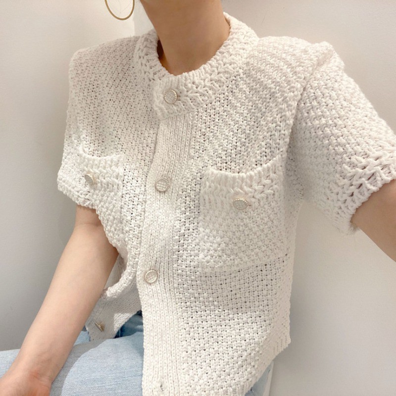 Women Fashion O-Neck Short sleeve knitting Casual Sweater Female Hollow Out Single-breasted Chic Cardigan Top 210519