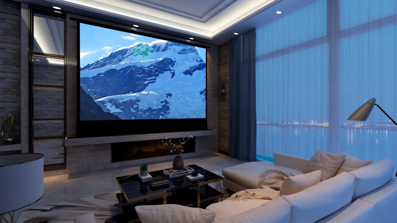 100 inch Black diamond Electric floor screen Long Throw ALR motorized obsidian self standing projector screen