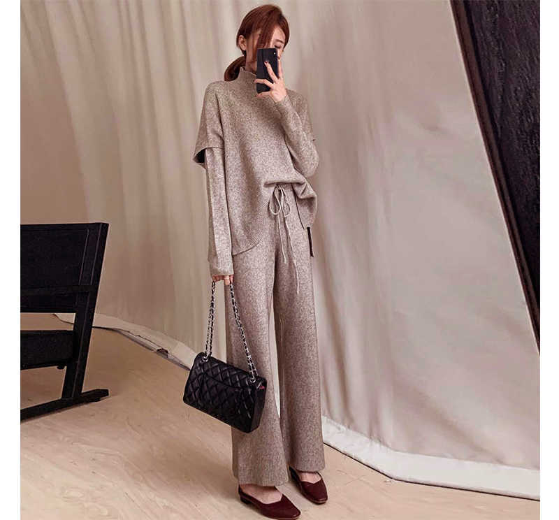 Cashmere Three Piece Sets Woman Loose Sweater + Wide Leg Pants Autumn Winter Elegant Korean Warm Knitted Wool Pant female 210930