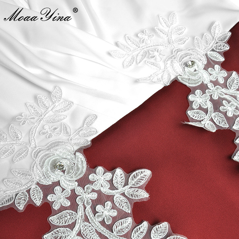 Summer Women's High Street Midi Dress V-neck Short sleeve Applique Embroidery Red White Splicing Slim Pencil 210524