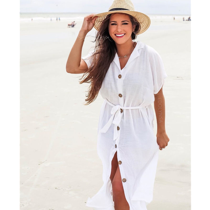 Cover-ups White Cotton Tunic Summer Women Beach Wear Bath Dress Casual V-Neck Short Sleeve Front Open Swimsuit Cover Up Q743 210420
