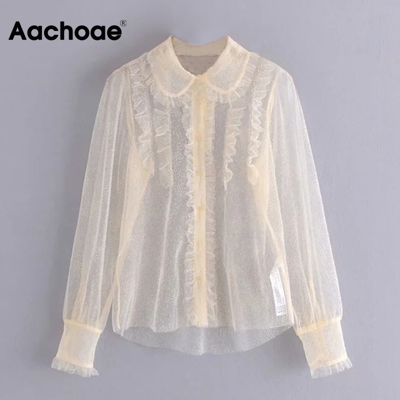 Aachoae Sexy Transparent Lace Mesh Blouse Women Solid Ruffles Shirt Female Long Sleeve Organza Chic Ladies Tops Tunic Blusas 210414, White
Aachoae Sexy Transparent Lace Mesh Blouse Women Solid Ruffles Shirt Female Long Sleeve Organza Chic Ladies Tops Tunic Blusas 210414, White