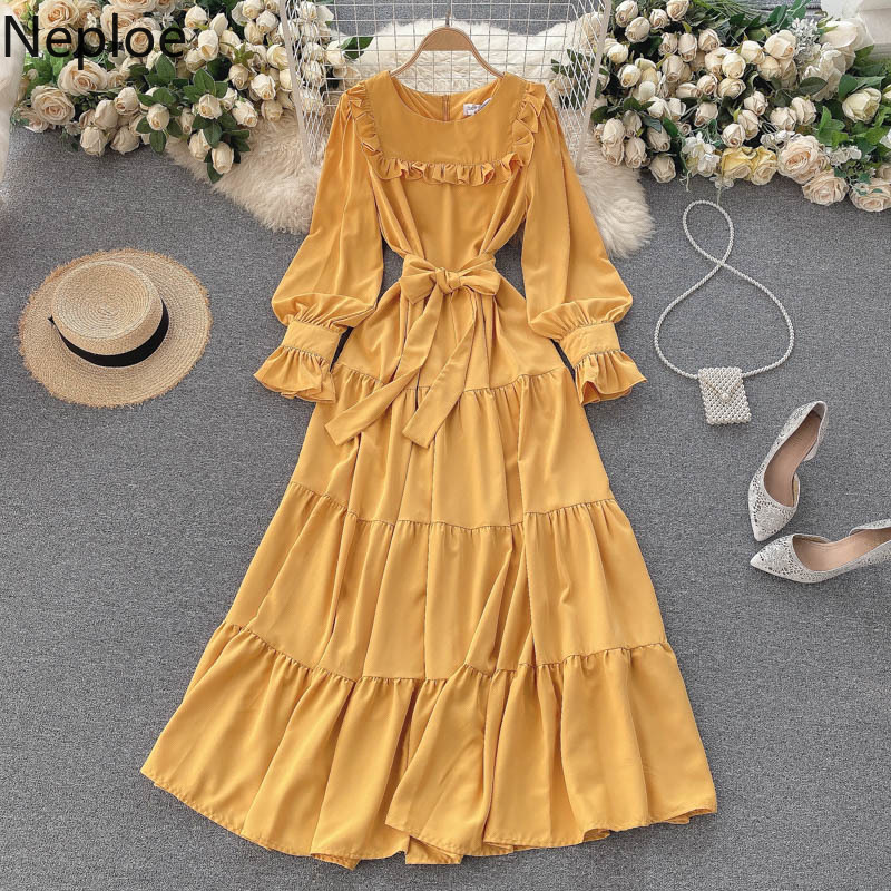 Neploe Sweet Dress Women O Neck Puff Sleeve Ruffles Slim Dresses Beach Holiday Chic Bow Robe Temperament Maxi Vestidos 210422