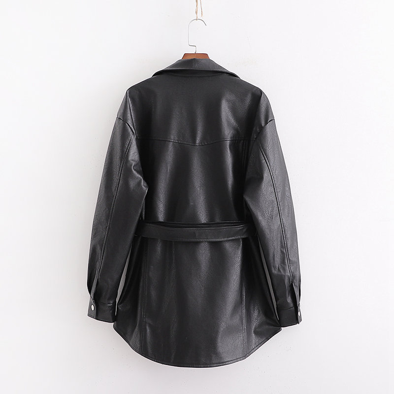 Faux Leather Jackets Women Fashion PU Black Coat Elegant Belt Waist Pockets Buttons Female Coats Streetwear Ladies 210515