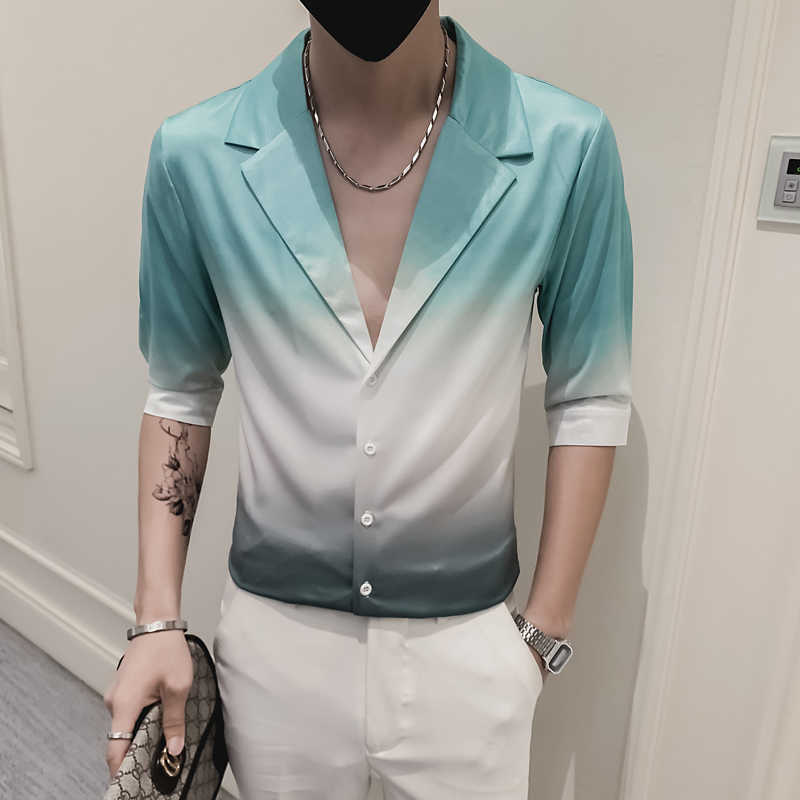 Gradient Shirts Men Summer Sexy V-neck Short Sleeve Casual Shirts Slim Fit Streetwear Chemise Homme Social Party Male Clothing 210527, Yellow
Gradient Shirts Men Summer Sexy V-neck Short Sleeve Casual Shirts Slim Fit Streetwear Chemise Homme Social Party Male Clothing 210527, Yellow