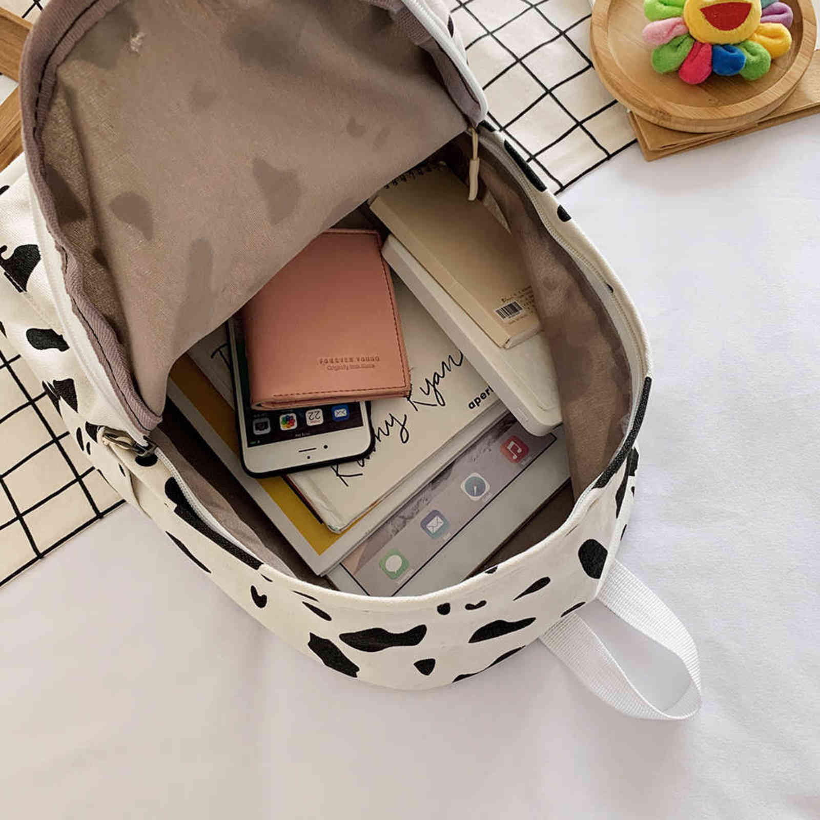 Cow Milk Print Canvas Backpack Women Students Girls Daily Casual Bag Large Capacity Shoulder School Bag 2021 Fashion Popular Y1105