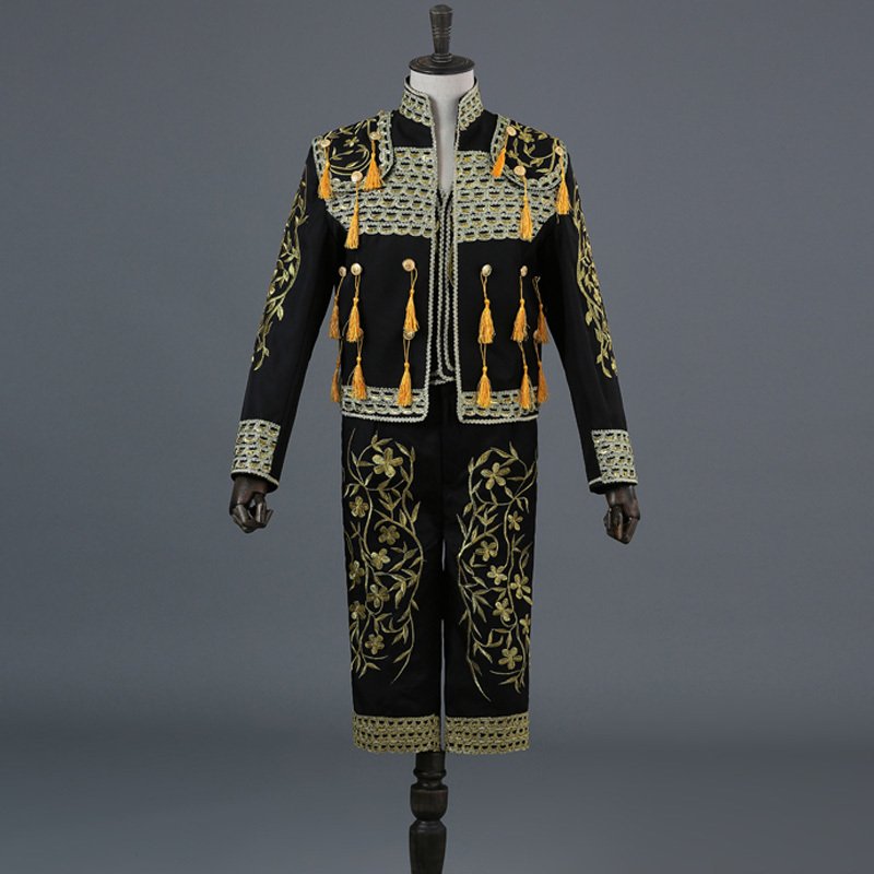 Gold Embroidery Tassel Sequin Black 3 Piece Stage Suit(Jacket+Pants+Vest) Men Bullfight Dance Singer Suit Blazer Matador Costume 210522, White
Gold Embroidery Tassel Sequin Black 3 Piece Stage Suit(Jacket+Pants+Vest) Men Bullfight Dance Singer Suit Blazer Matador Costume 210522, White