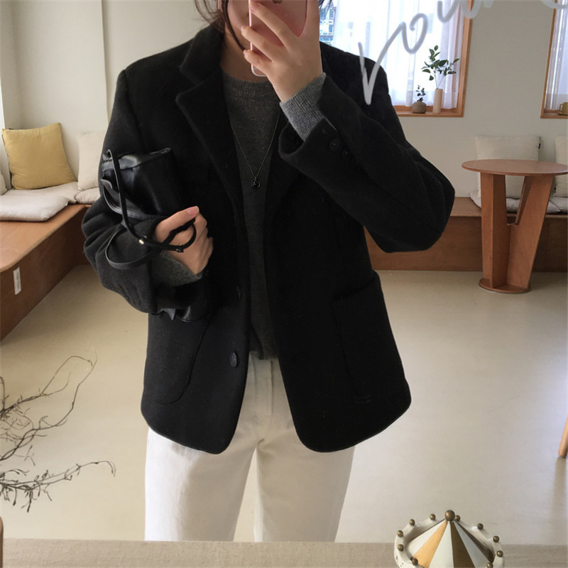OL Single-breasted Woolen Blazer Coat Women Autumn Winter Elegant Tops Loose Notched Suit Jacket Solid Blazers 210421