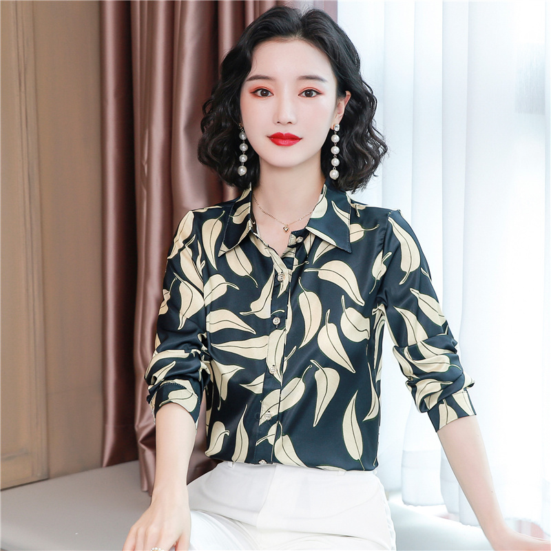 Silk Shirt Autumn Women Plus Size S-4XL Leaves Print Blouses Clothes Fashion Long Sleeve Shirts Blusas Mujer De Moda 10724 210518