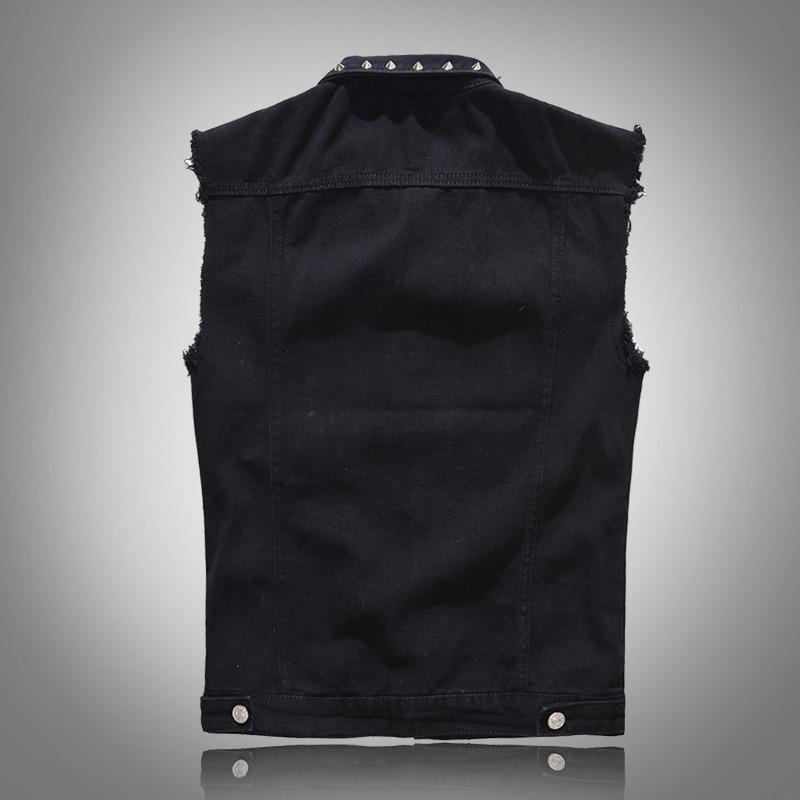Men's Jacket Cotton Ripped Jeans Jackets Cool Rivets Black Denim Vest Single-Breasted Male Hip Hop Washed Cowboy Waistcoat