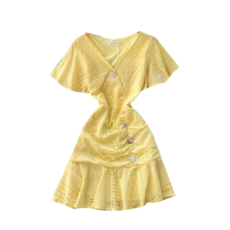 LFL Summer Casual Chic Streetwear Mini Dress Women Hollow Ruffles Dress Korean V Neck Short Sleeve Button A-line Dresses 210521