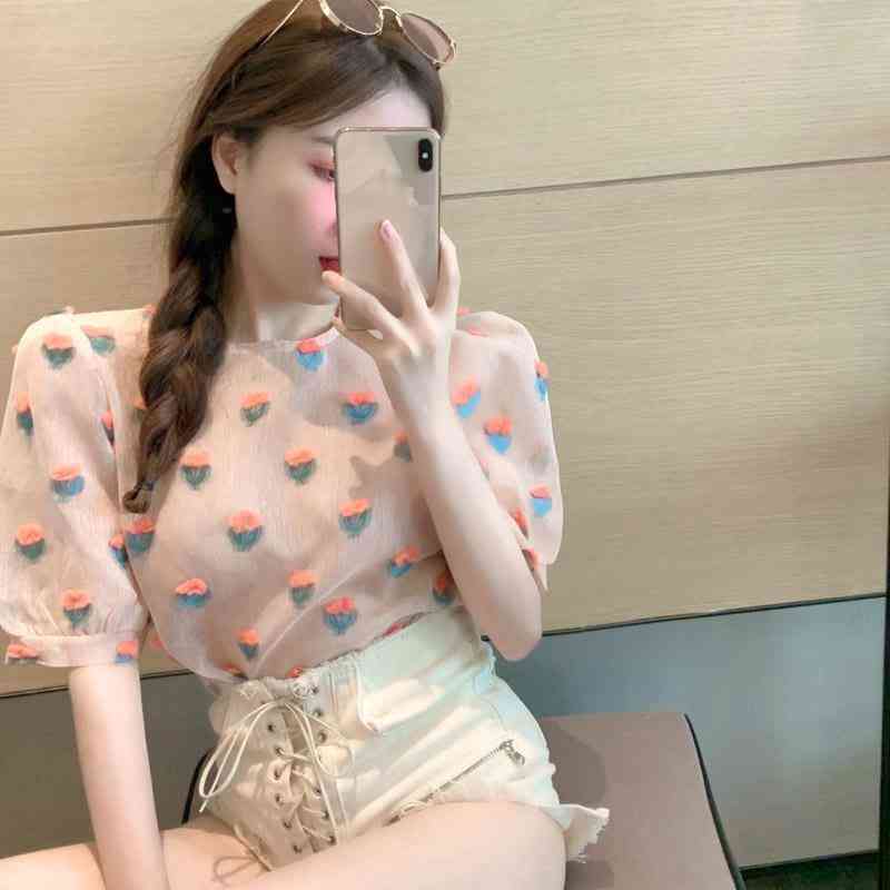 Pink Blusas Women Tops Spring Summer Puff Sleeve Floral Patch Korean Kawaii Blouses Slim Fashion Shirts Vintage 210519