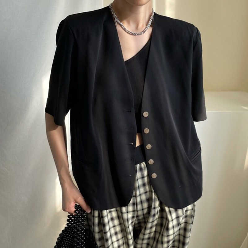 Korejpaa Women Shirt Summer Korean Chic Simple Retro V-Neck Pocket Single-Breasted Casual Solid Color Short-Sleeved Blouses 210526