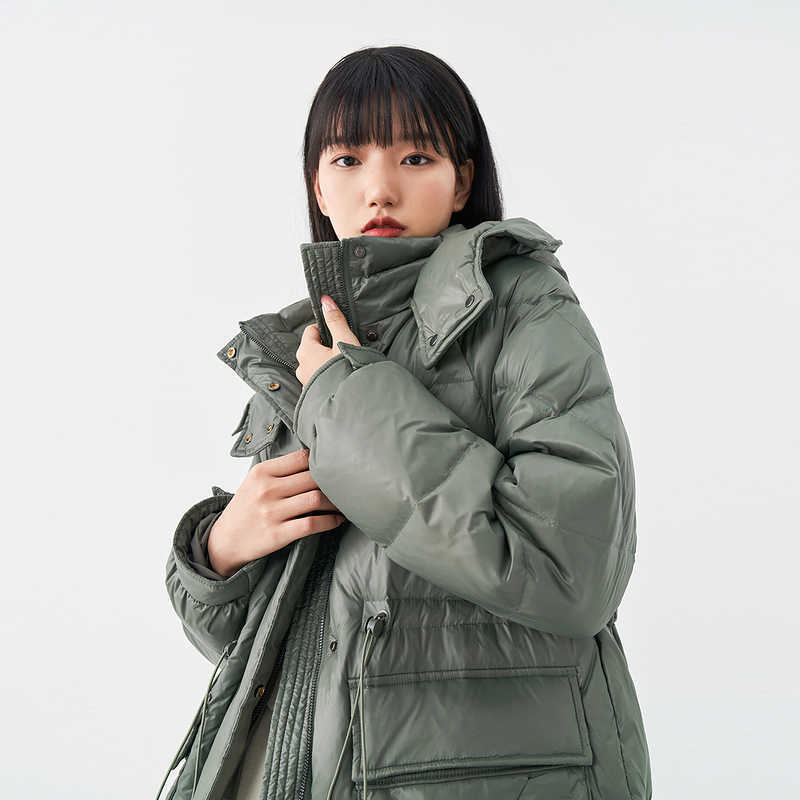 INMAN Winter Double Buckle Cuff Adjustable Drawstring Belt High Stand Collar Hooded Women's Down Jacket 211007