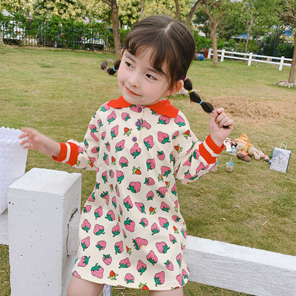 Mudkingdom Girls POlO Dress Casual Kids Clothes for Strawberry Long Sleeve Cotton Children Clothing Dresses 210615