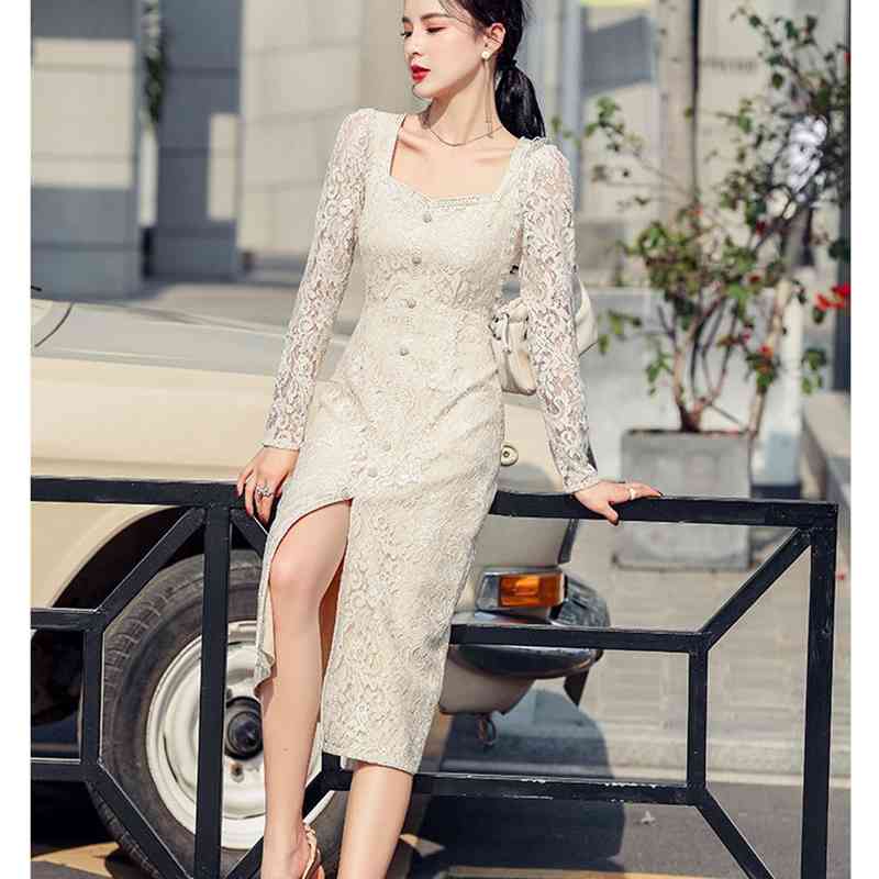 Sexy Split Lace Vestidos Women Transparent Long Sleeve Bodycon Square Collar Mid-Length Dresses Vedtidos 210520
