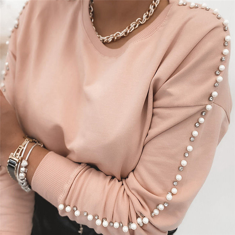 Beading Knitted Ribbed Tshirts Autumn Winter Women T-shirts Hollow Out Long Sleeve Basic Top O-Neck Pearl Casual Tees G1010 210406