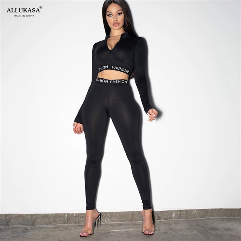 tops Letter Print Sporty Workout Active Wear Casual Matching Sets Women Skinny Bodycon Tracksuit Zipper Top And Pants Set 211116