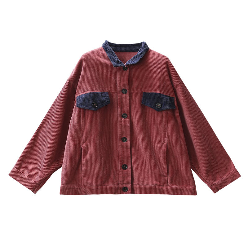 Autumn Arts Style Women Loose Coat Patchwork Retro Corduroy Jackets All-matched Casual Stand Collar Coats Ladies Clothes D407 210512
