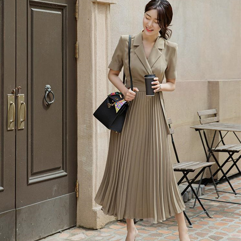 Summer Dress Women OL Elegant Short Sleeve Solid Suit Collar Office Ladies Professional Pleated Long Dresses 210421