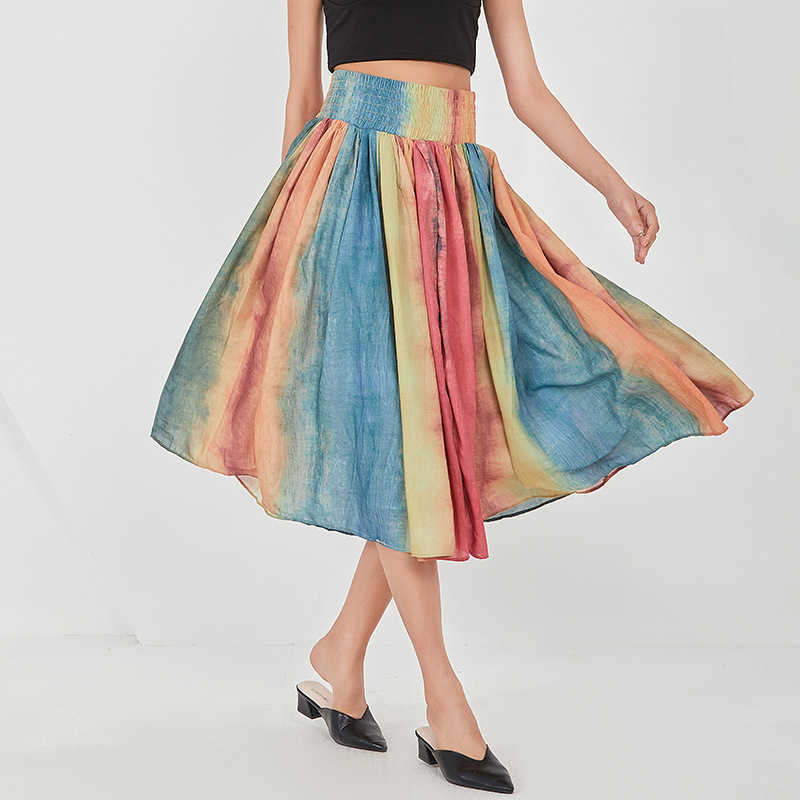 Elegant Striped Colorful Skirt for Women Spring High Waist Ruched Casual Skirts Female Fashion Sweet Fresh Clothing 210525
