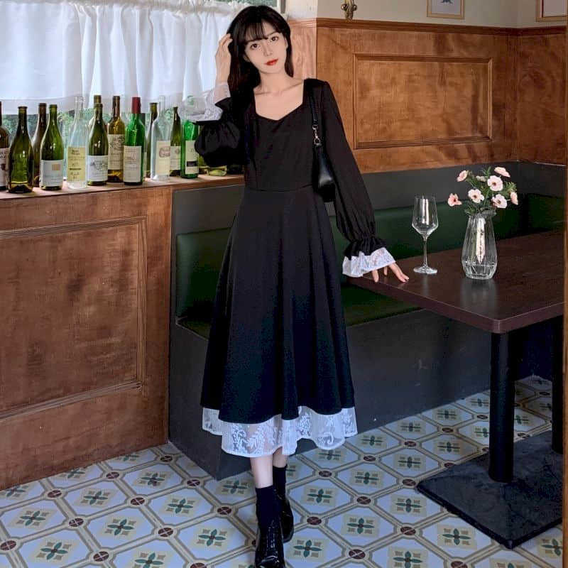 Plus size women's French retro elegant black dress lace long skirt spring autumn streetwear goth punk 210526