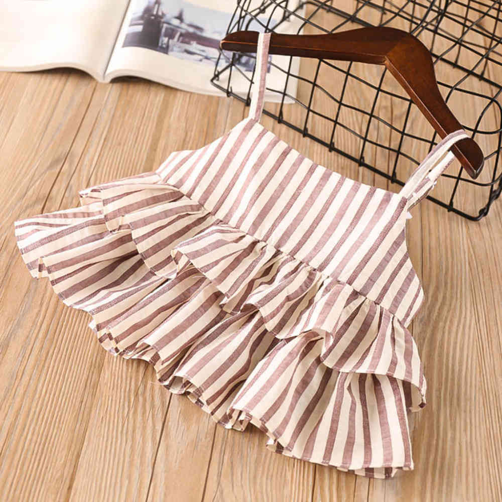 Girls Set Summer Style Children's Clothes Outfits Striped Tops + Button Skirt Pants 2Pcs Kid Sets 210515